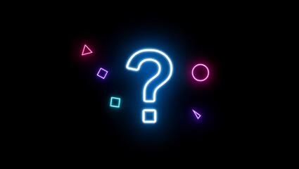 Bright Neon Question Mark Surrounded by Abstract Shapes on Dark Background