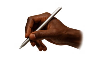 Dark-skinned hand holding a silver digital stylus isolated on transparent background