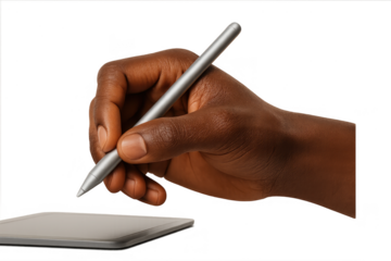 Hand holding stylus over tablet, isolated on transparent background.