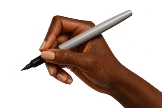 Dark-skinned hand holding a grey marker, ready to write, isolated on transparent background