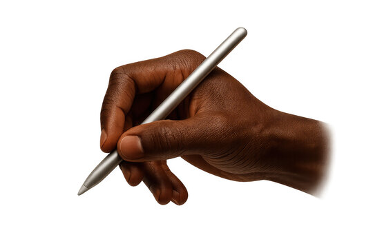 Dark-skinned hand holding a silver digital stylus isolated on transparent background