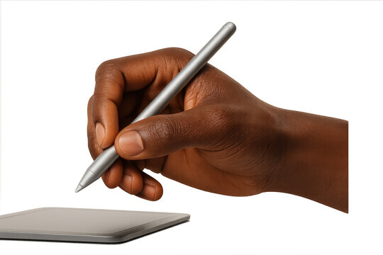 Hand holding stylus over tablet, isolated on transparent background.