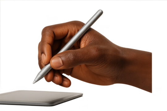 Hand holding stylus over tablet, isolated on transparent background.