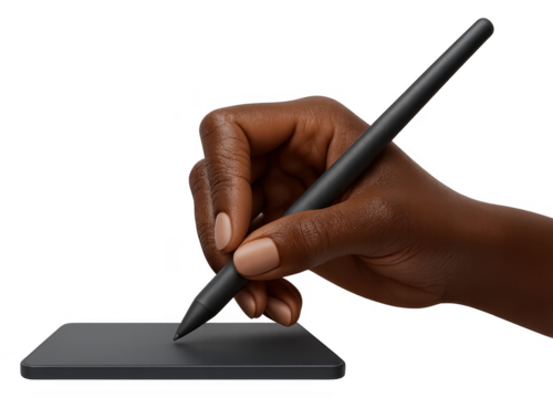 Dark-skinned hand holding stylus on digital tablet, isolated on transparent background