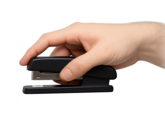 Human hand holding a black office stapler isolated on a transparent background.