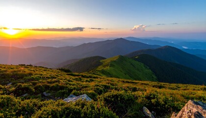 Naklejka premium A panoramic view of rolling hills and mountains at sunset, showcasing a vibrant blend of colors and textures.