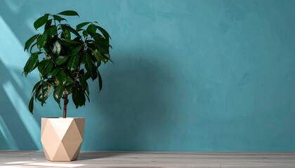 A lush houseplant in a geometric planter, bathed in natural light against a textured teal wall.
