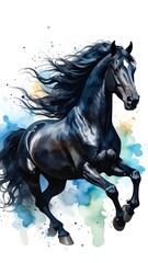 Majestic black horse in motion, watercolor style
