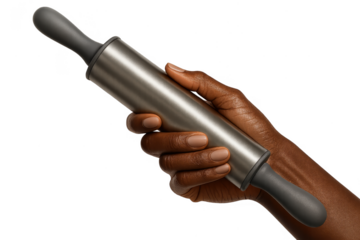 African American hand holds stainless steel rolling pin, isolated on transparent