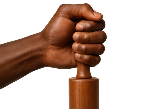 Dark-skinned hand holding wooden rolling pin, isolated on a transparent background.