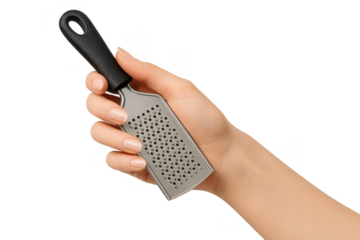 Compact kitchen grater held in hand, isolated on clean transparent background