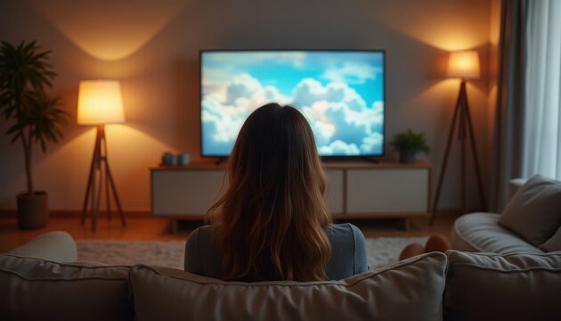Young woman relaxing on a cozy couch, watching a beautiful nature scene on TV in a warm, inviting living room.