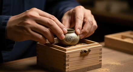 Close-up of hands crafting a ceramic pot with wooden box and sand detail