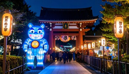 Illuminated Japanese gate at night