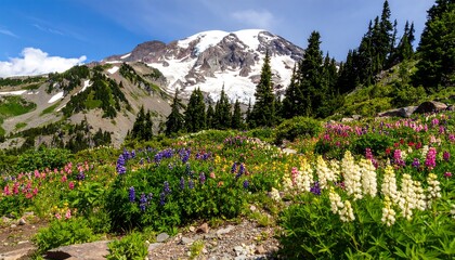 A vibrant display of wildflowers carpets a mountain meadow, framed by the majestic peak of Mount Rainier on a sunny summer day.