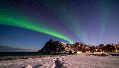 A breathtaking arctic night sky ablaze with vibrant aurora borealis, illuminating a snowy landscape and nestled village.