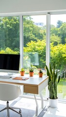 Fototapeta premium Modern Office Space with Abundant Natural Light and Lush Greenery