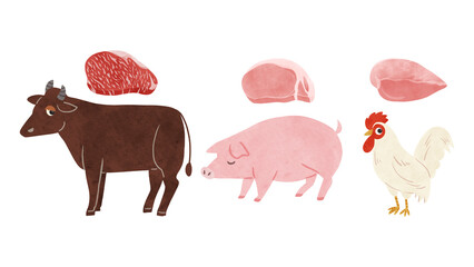 切り身肉と茶色い牛・豚・鶏のセット　水彩風手描きイラスト