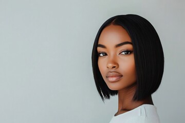 Modern and minimalist portrait of a young woman with sleek, short hair, conveying confidence and style against a neutral background