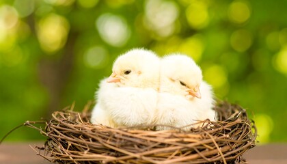 Two fluffy, yellow chicks nestled together in a rustic nest, bathed in soft, natural light.