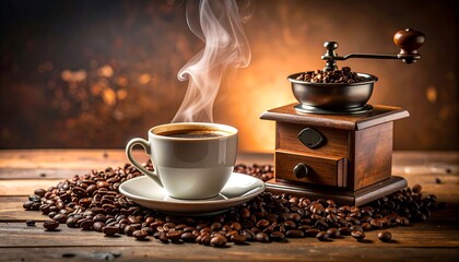 A rich, steaming cup of coffee sits beside a vintage coffee grinder, surrounded by roasted coffee beans on a rustic wooden table.
