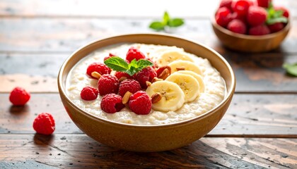 A bowl of creamy oatmeal topped with fresh raspberries, sliced bananas, and almonds, sitting on a rustic wooden table.