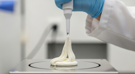 Laboratory precision: white substance dispensed by gloved scientist on scale