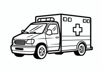 Fototapeta premium An illustration of a white ambulance vehicle with flashing lights on top and a red cross symbol on the side parked on a white background