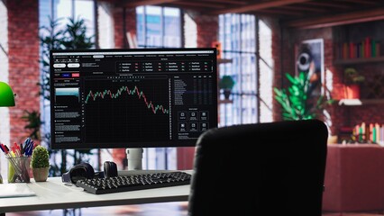 Modern desktop pc ideal for financial growth tracking and forex trades, home office with computer showcasing a candle stick chart analysis using online technology. Day trading. Camera A.