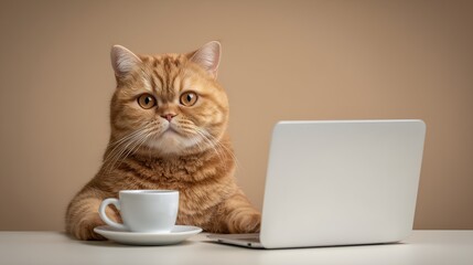 Ginger Cat Working at a Desk with a Laptop and Coffee Cup. For themes of working from home, animal humor, pet-friendly offices, or coffee culture for social media posts, blog articles.