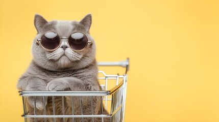 Grumpy British Shorthair Cat Wearing Sunglasses in a Shopping Cart. For themes of funny pet humor, online shopping, holiday sales, or pet supplies for e-commerce 