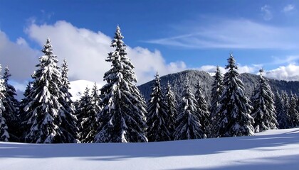 Fototapeta premium Snowy landscape with towering pine trees against a backdrop of a snow-capped mountain range under a bright blue sky.