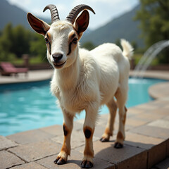 Obraz premium Playful Young Goat by a Sparkling Pool in a Scenic Outdoor Setting