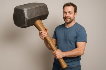 Studio portrait of a man holding a giant hammer, creating a funny and exaggerated image of strength and power