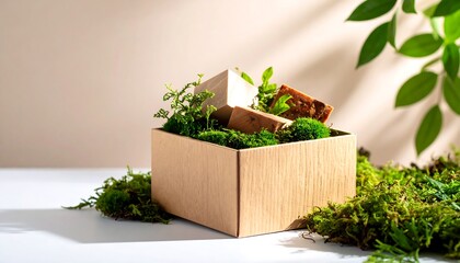 A light-brown cardboard box, filled with lush green moss and small pieces of soap, sits on a white surface, bathed in natural light.
