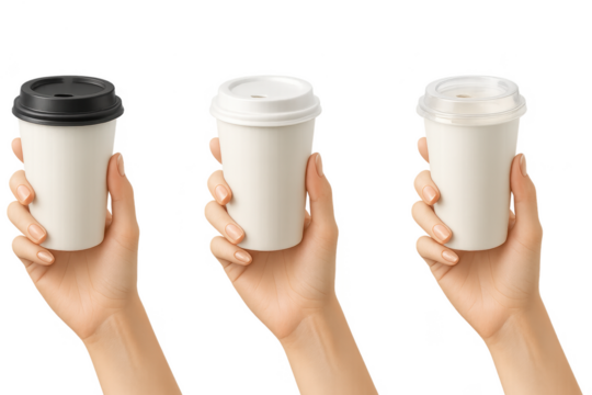 Three hands holding blank coffee cups isolated on transparent background - Powered by Adobe