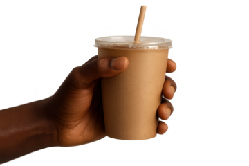 Hand holding brown coffee drink cup, isolated on transparent background.