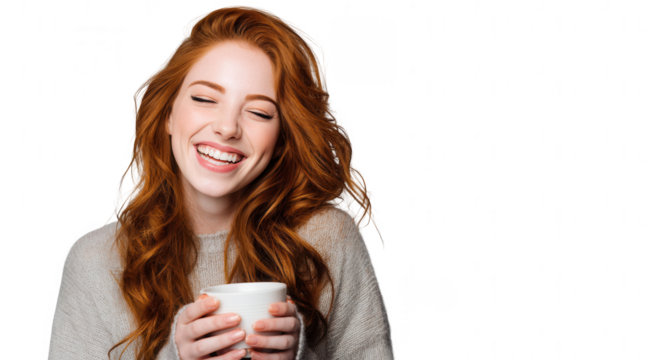 a beautiful, smiling redheaded woman holding a coffee cup, jpeg, png, transparent