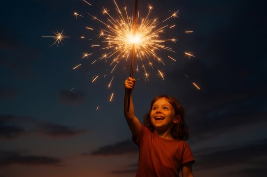 Smiling child joyfully holding a burning sparkler while celebrating outdoors at dusk, surrounded by the magic of festive lights