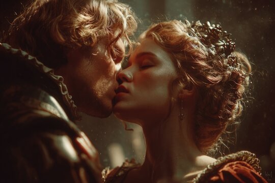 Romantic 16th century couple in a tender kiss. Baroque period elegant attire. Historic European lovers deep in intimate embrace. Classic scene with soft golden light.