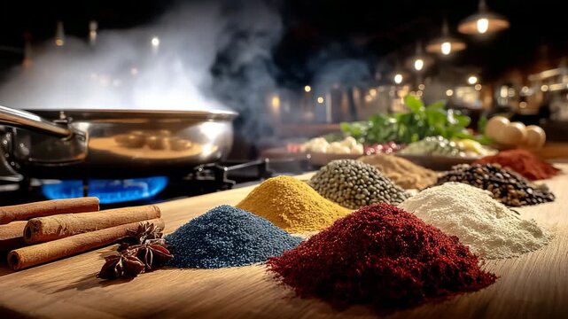 The camera moves smoothly along rows of colorful spices arranged on a kitchen table. In the background, a pot boils, raising steam.