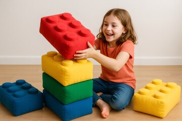 Young girl stacking giant colorful building blocks on a wooden floor, enjoying playtime and creative activities