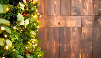 Warm holiday lights adorn a festive evergreen tree against a rustic wooden backdrop.