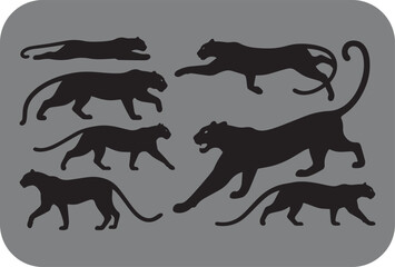 Diverse silhouettes of powerful big cats in various dynamic poses showcasing graceful movement and strength