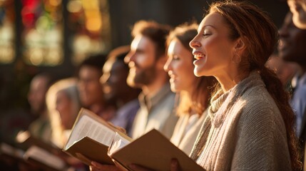 Diverse Church Choir Singing with Joy, Holding Hymn Book
