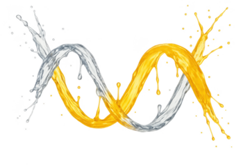 Dynamic silver and gold liquid splashes forming helix isolated on transparent background