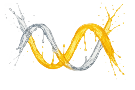 Dynamic silver and gold liquid splashes forming helix isolated on transparent background