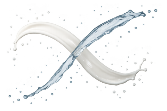 Dynamic milk and water splashes crossing, isolated on transparent background