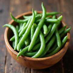 Fresh Green Beans in a Wooden Bowl on Rustic Table, Perfect for Healthy Meals and Cooking Ideas
