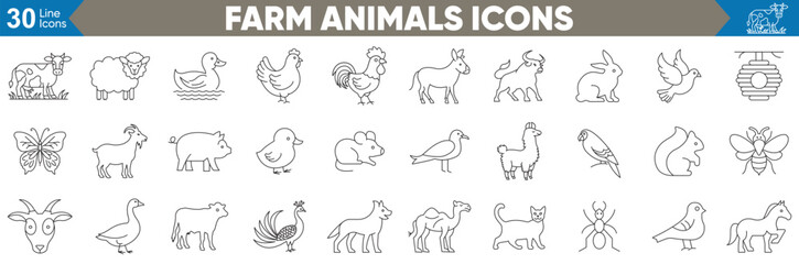 Farm animals line icons set. Including outline symbols for agriculture, farming, cow, dog, bull, goat, horse and more. Vector illustration
